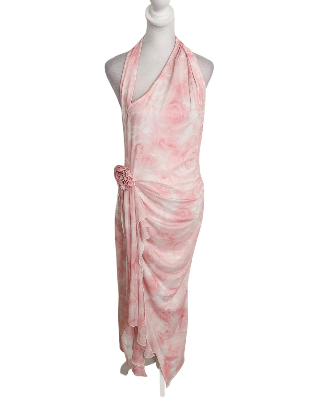 SHEIN Pink and White Print Mesh Cocktail Dress with Rosette Detail Size Medium